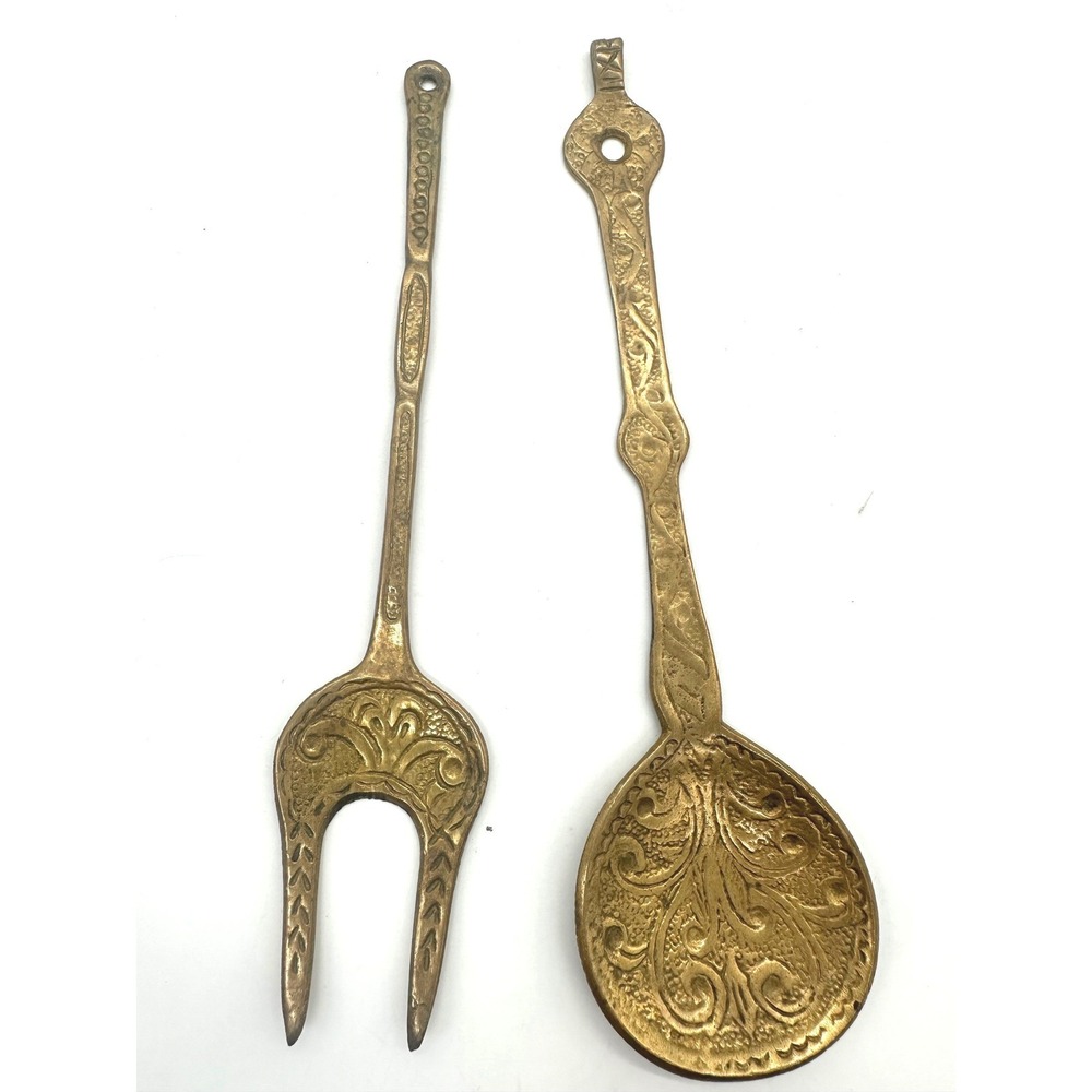 Vintage Brass Salad Serving Set Israel Embossed Scroll Gold Tone Fork Spoon 10in